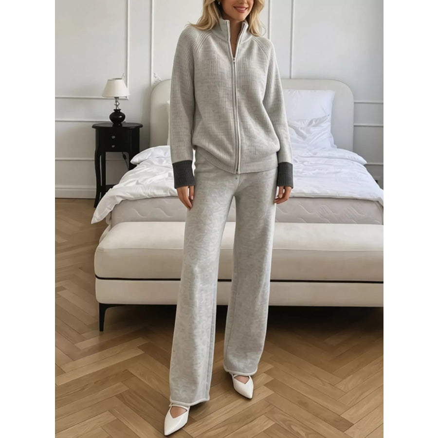 Zip-Up Contrast Cuff Cardigan and Pants Sweater Set Apparel Accessories