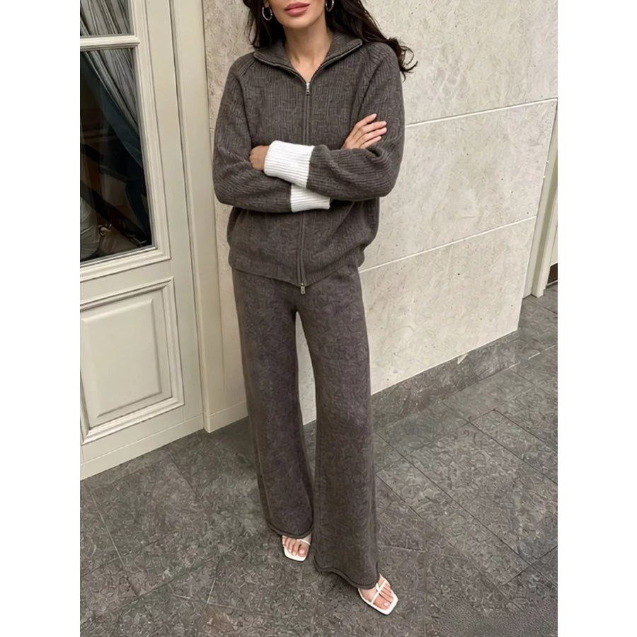 Zip-Up Contrast Cuff Cardigan and Pants Sweater Set Apparel Accessories