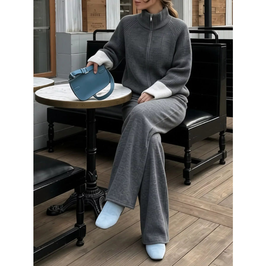 Zip-Up Contrast Cuff Cardigan and Pants Sweater Set Apparel Accessories