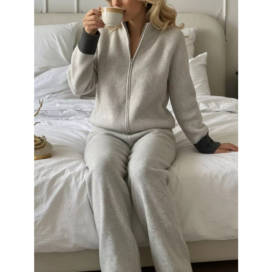 Zip-Up Contrast Cuff Cardigan and Pants Sweater Set Apparel Accessories