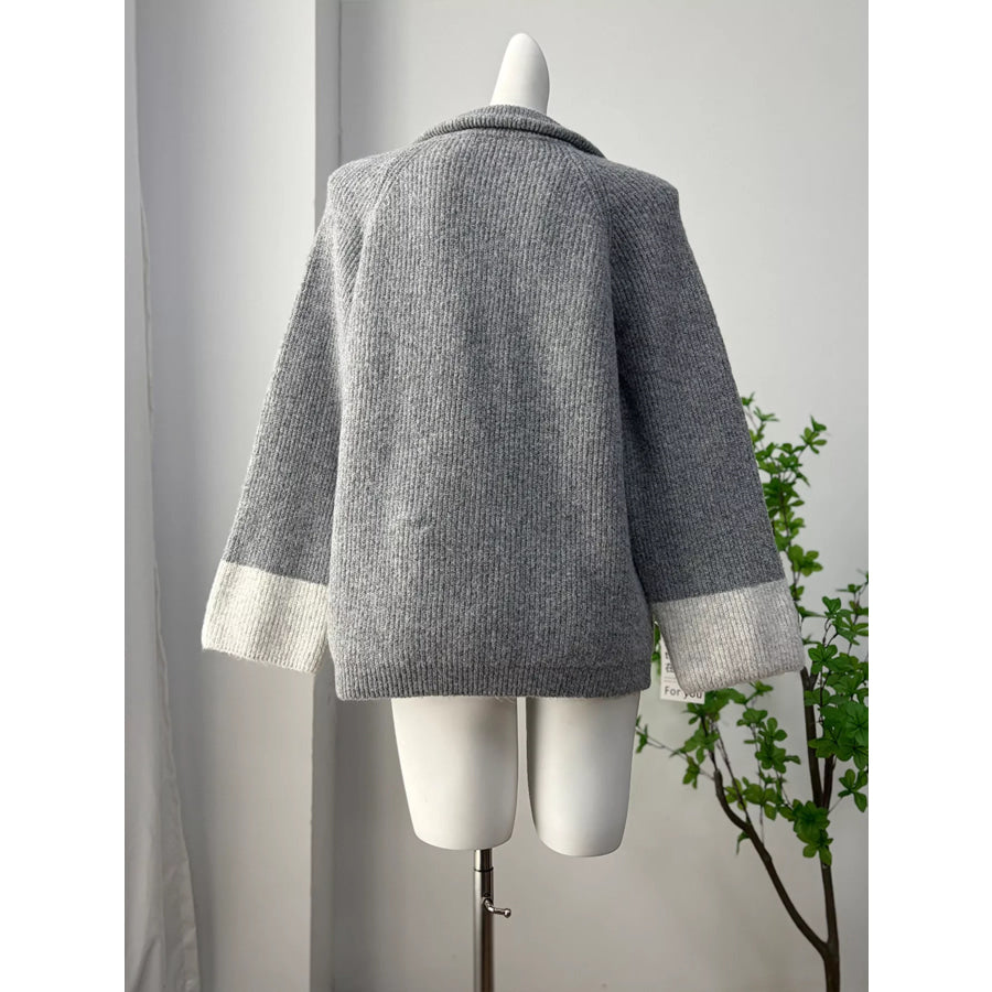 Zip-Up Contrast Cuff Cardigan and Pants Sweater Set Apparel Accessories