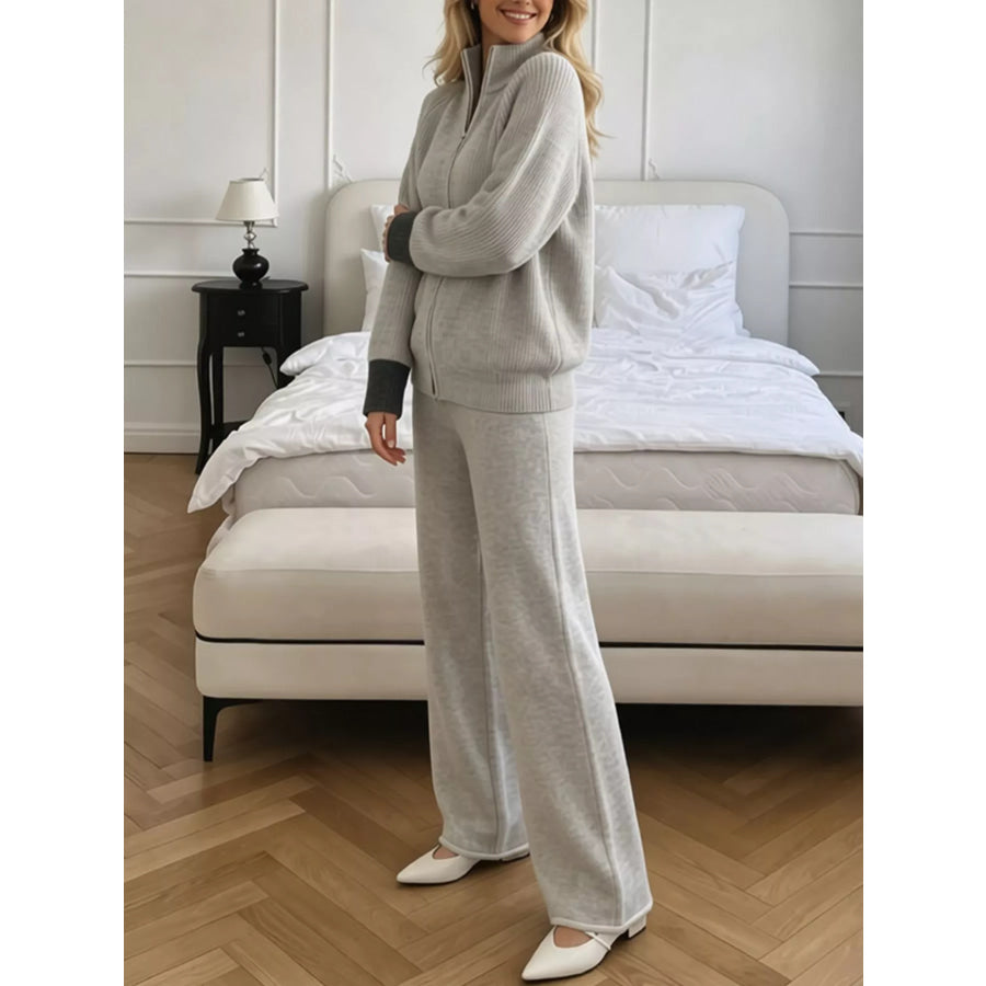Zip-Up Contrast Cuff Cardigan and Pants Sweater Set Apparel Accessories