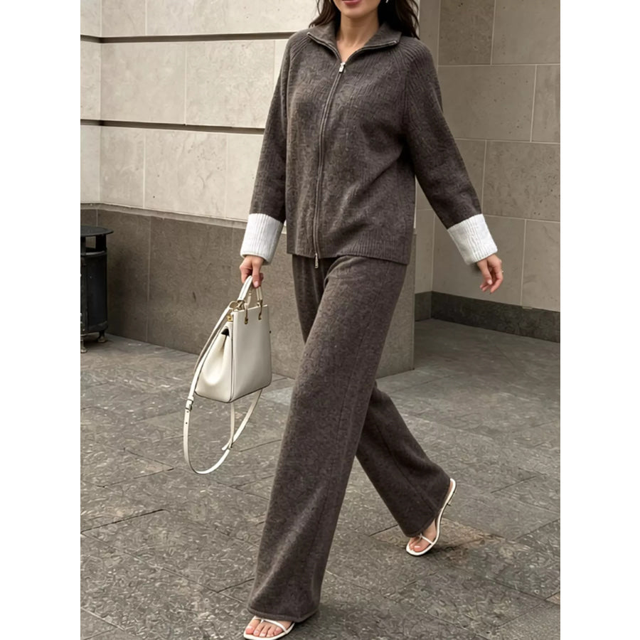 Zip-Up Contrast Cuff Cardigan and Pants Sweater Set Apparel Accessories
