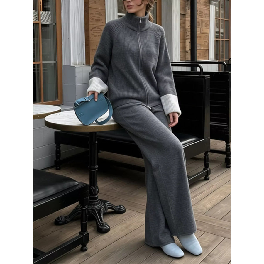 Zip-Up Contrast Cuff Cardigan and Pants Sweater Set Apparel Accessories