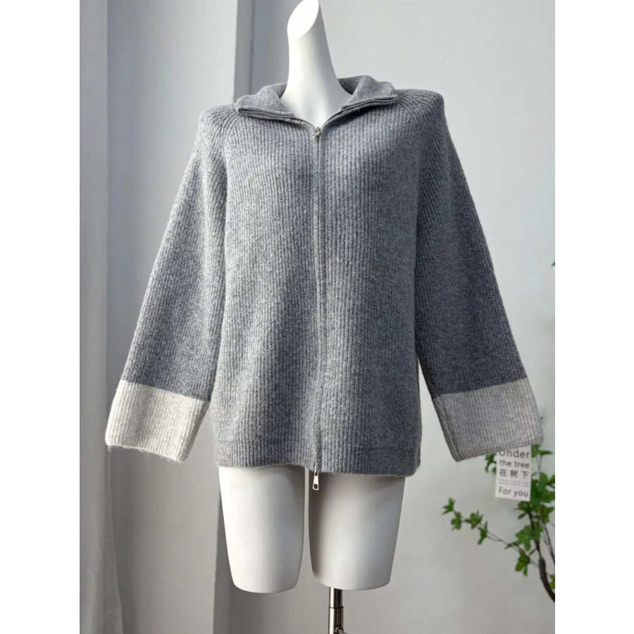 Zip-Up Contrast Cuff Cardigan and Pants Sweater Set Apparel Accessories