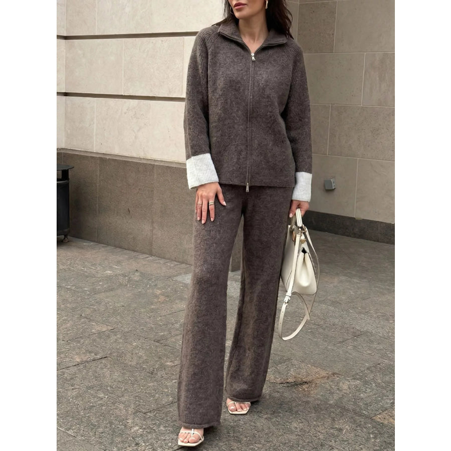 Zip-Up Contrast Cuff Cardigan and Pants Sweater Set Apparel Accessories