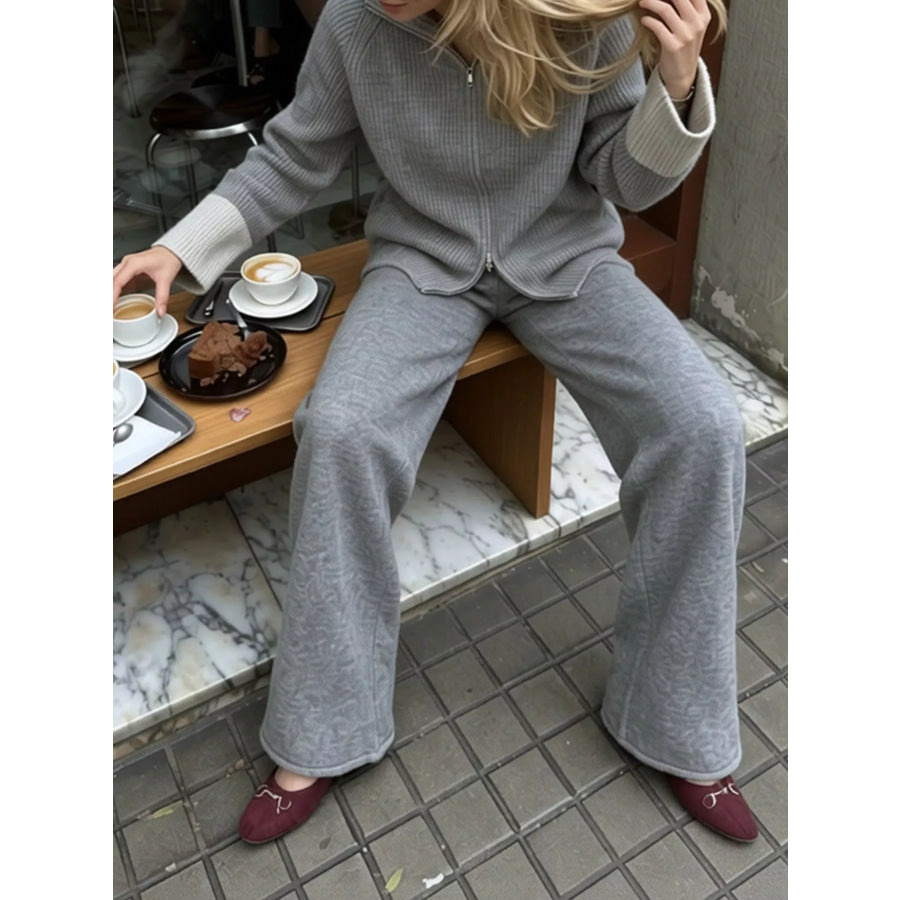 Zip-Up Contrast Cuff Cardigan and Pants Sweater Set Apparel Accessories