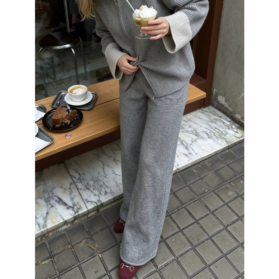 Zip-Up Contrast Cuff Cardigan and Pants Sweater Set Apparel Accessories