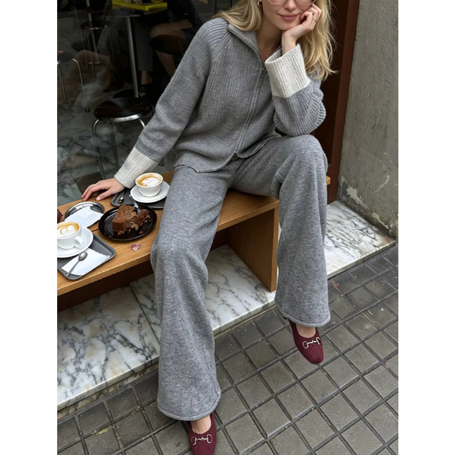 Zip-Up Contrast Cuff Cardigan and Pants Sweater Set Apparel Accessories