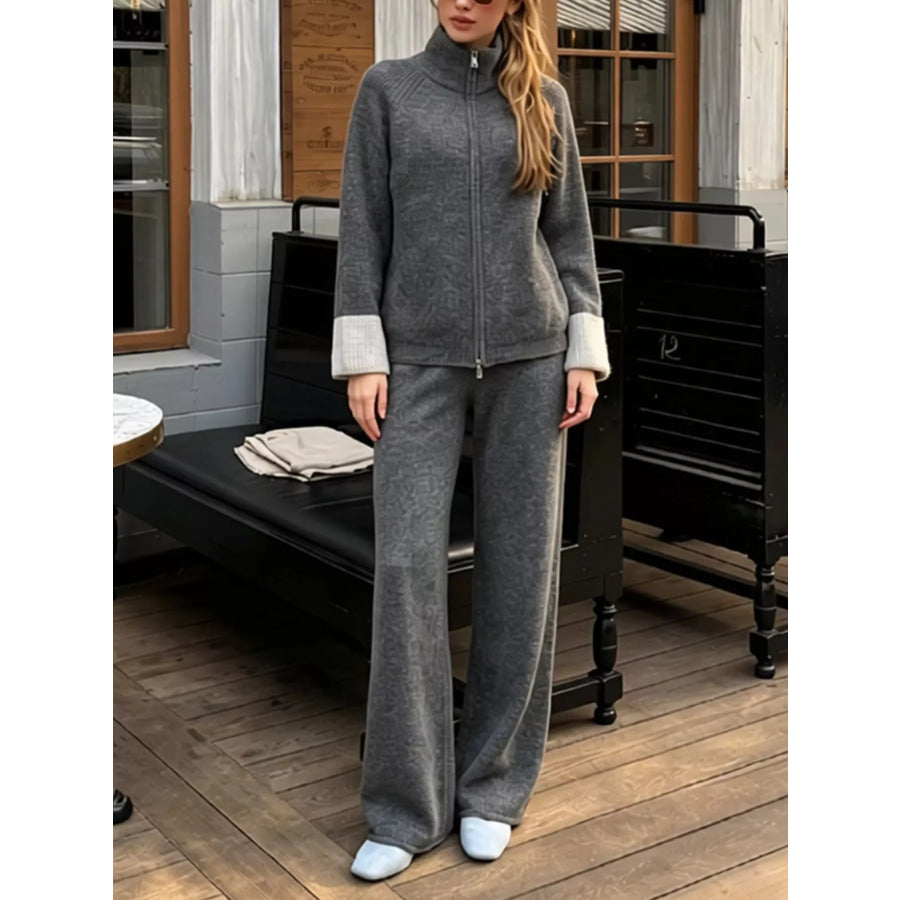 Zip-Up Contrast Cuff Cardigan and Pants Sweater Set Apparel Accessories