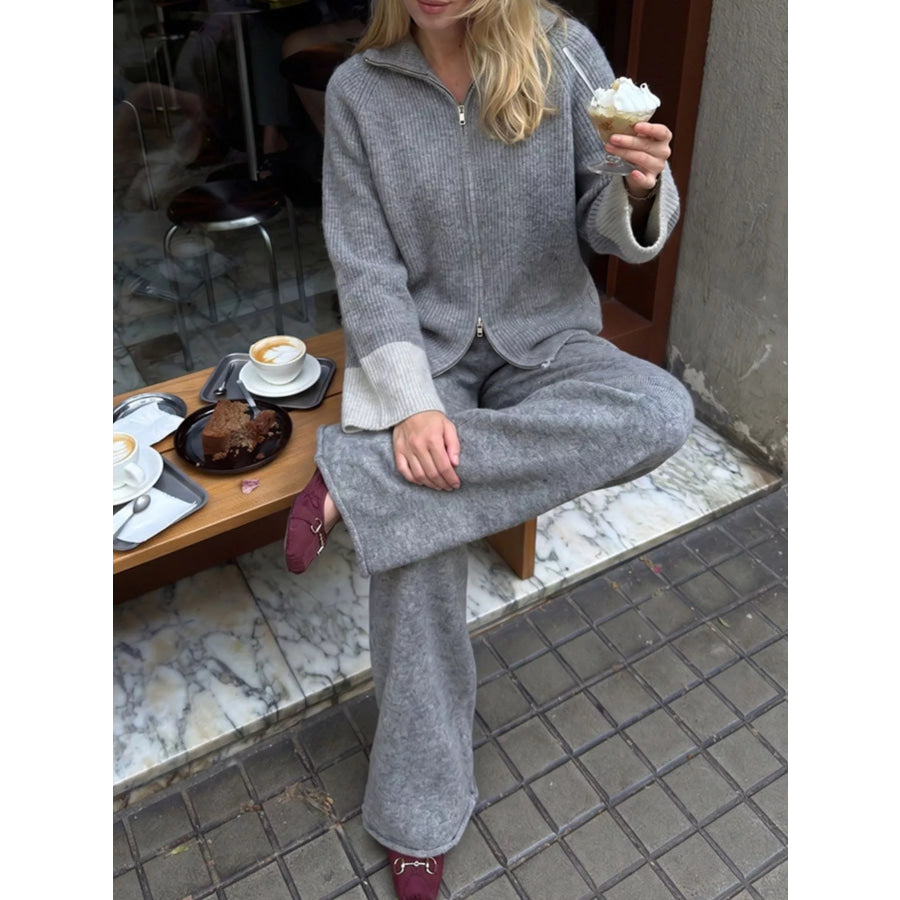 Zip-Up Contrast Cuff Cardigan and Pants Sweater Set Apparel Accessories