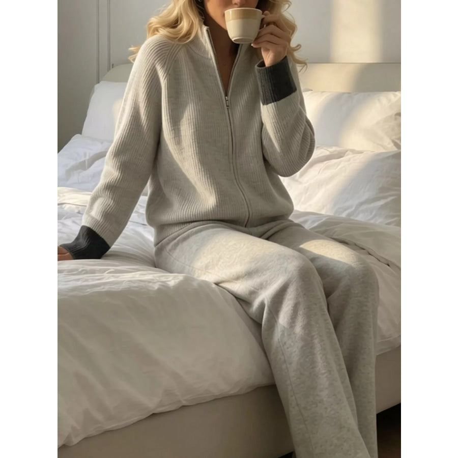 Zip-Up Contrast Cuff Cardigan and Pants Sweater Set Apparel Accessories