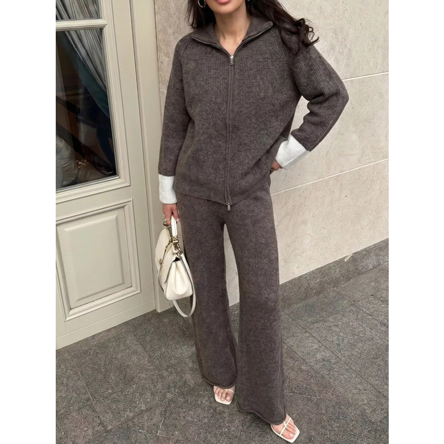 Zip-Up Contrast Cuff Cardigan and Pants Sweater Set Brown / One Size Apparel Accessories