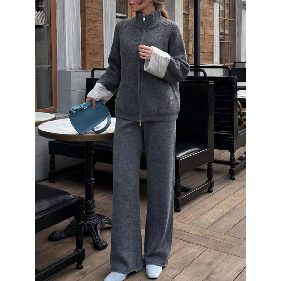 Zip-Up Contrast Cuff Cardigan and Pants Sweater Set Dark Gray / One Size Apparel Accessories