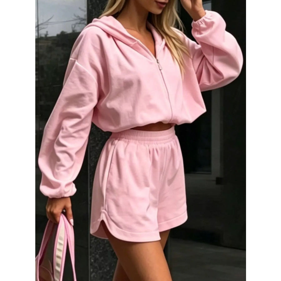 Zip Up Crop Hoodie and Shorts Set Apparel Accessories