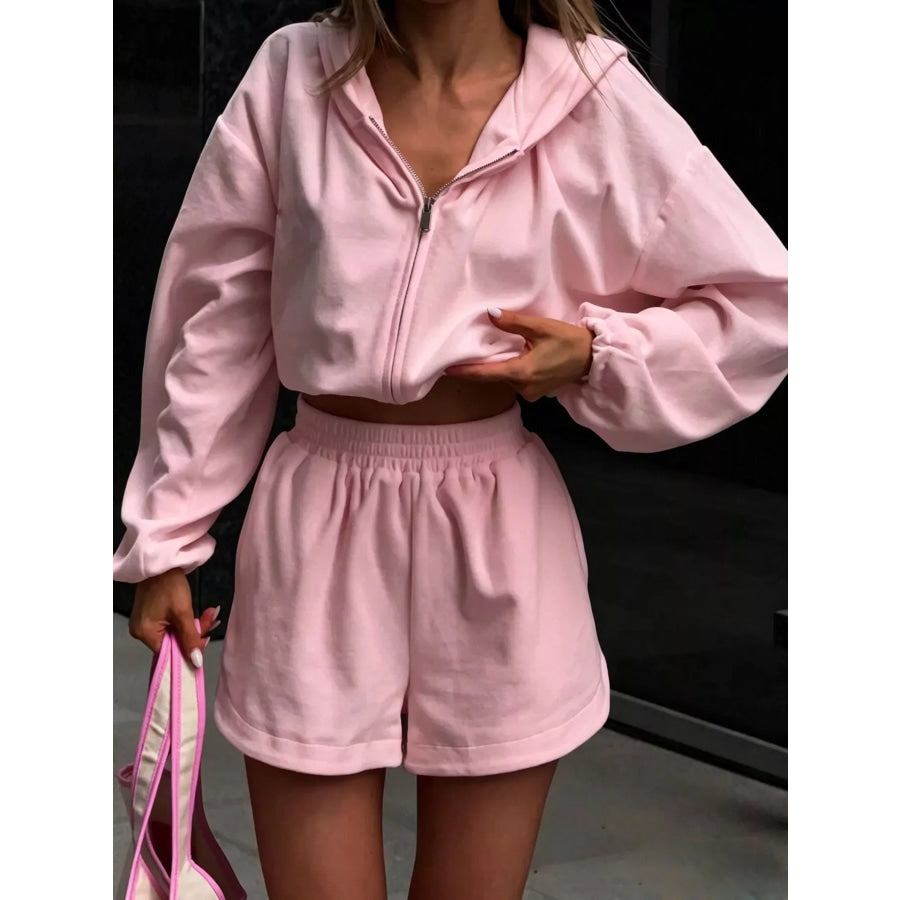 Zip Up Crop Hoodie and Shorts Set Apparel Accessories
