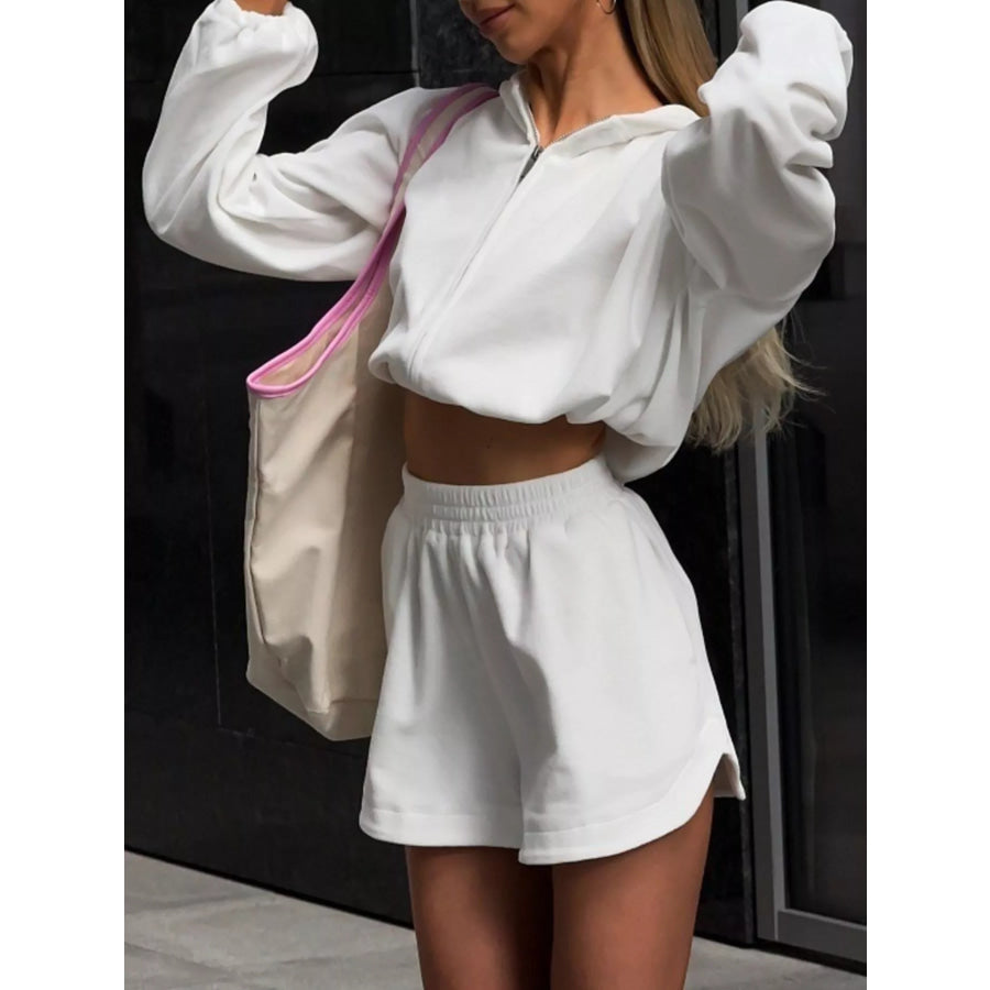 Zip Up Crop Hoodie and Shorts Set White / S Apparel Accessories
