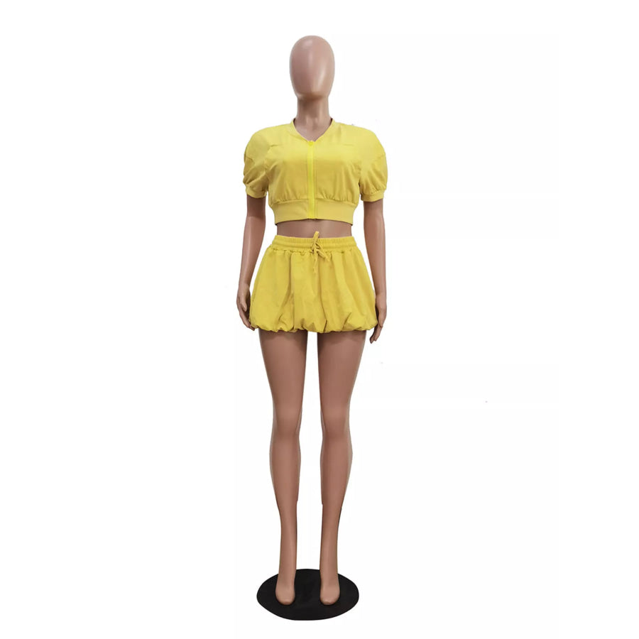 Zip Up Crop Top and Shorts Set Apparel and Accessories