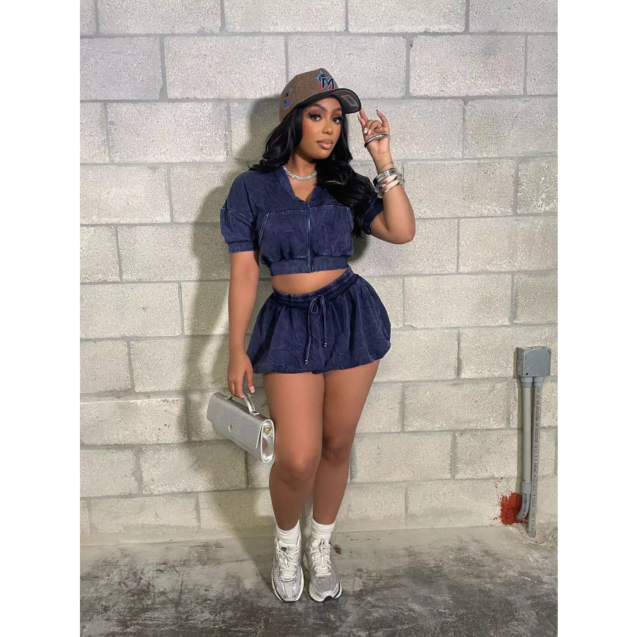 Zip Up Crop Top and Shorts Set Blue Black / S Apparel and Accessories