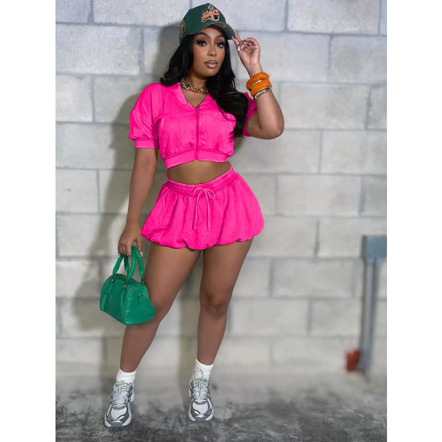 Zip Up Crop Top and Shorts Set Rose Red / S Apparel and Accessories