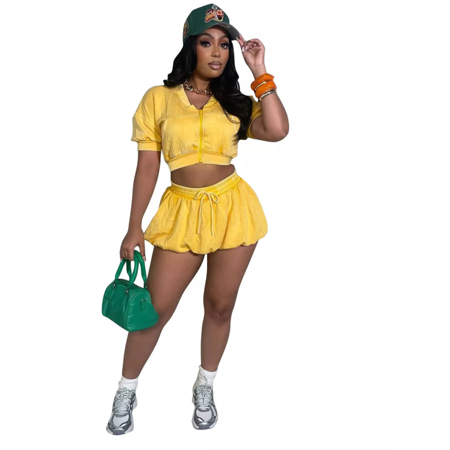 Zip Up Crop Top and Shorts Set Yellow / S Apparel and Accessories
