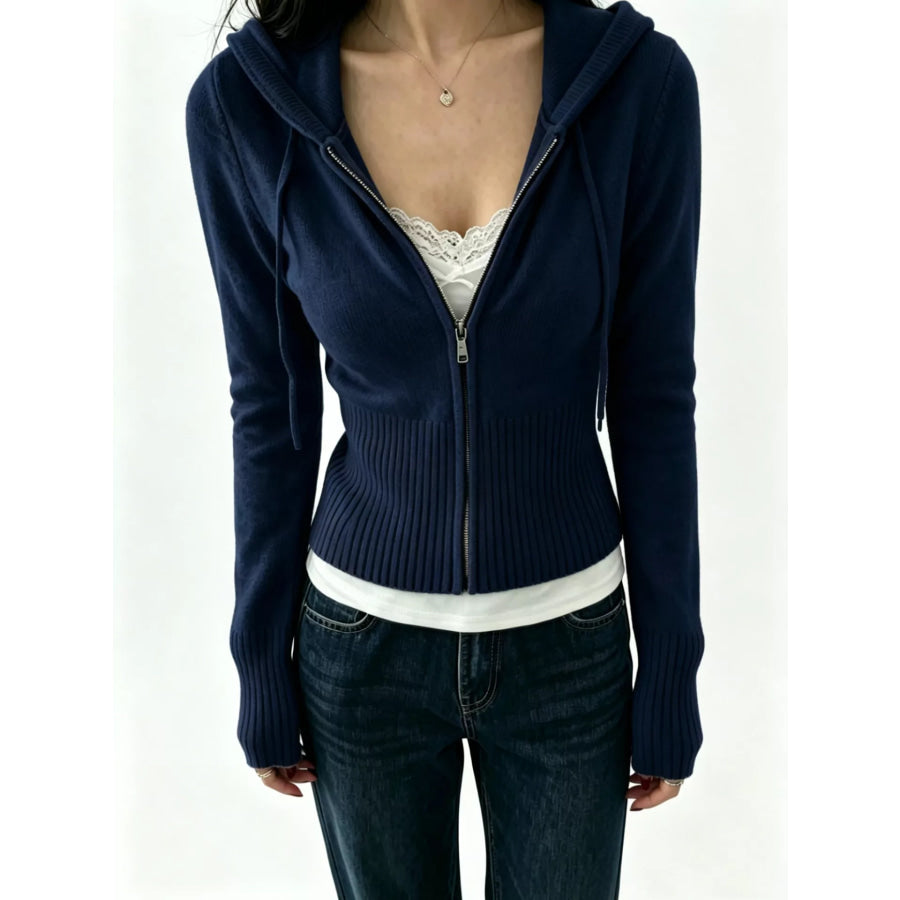 Zip-Up Cropped Hooded Cardigan Navy Blue / S Apparel and Accessories