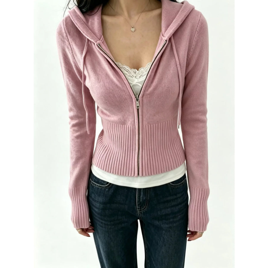 Zip-Up Cropped Hooded Cardigan Pink / S Apparel and Accessories