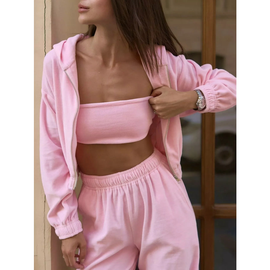 Zip Up Cropped Hoodie and Shorts Set Pink / S Apparel and Accessories