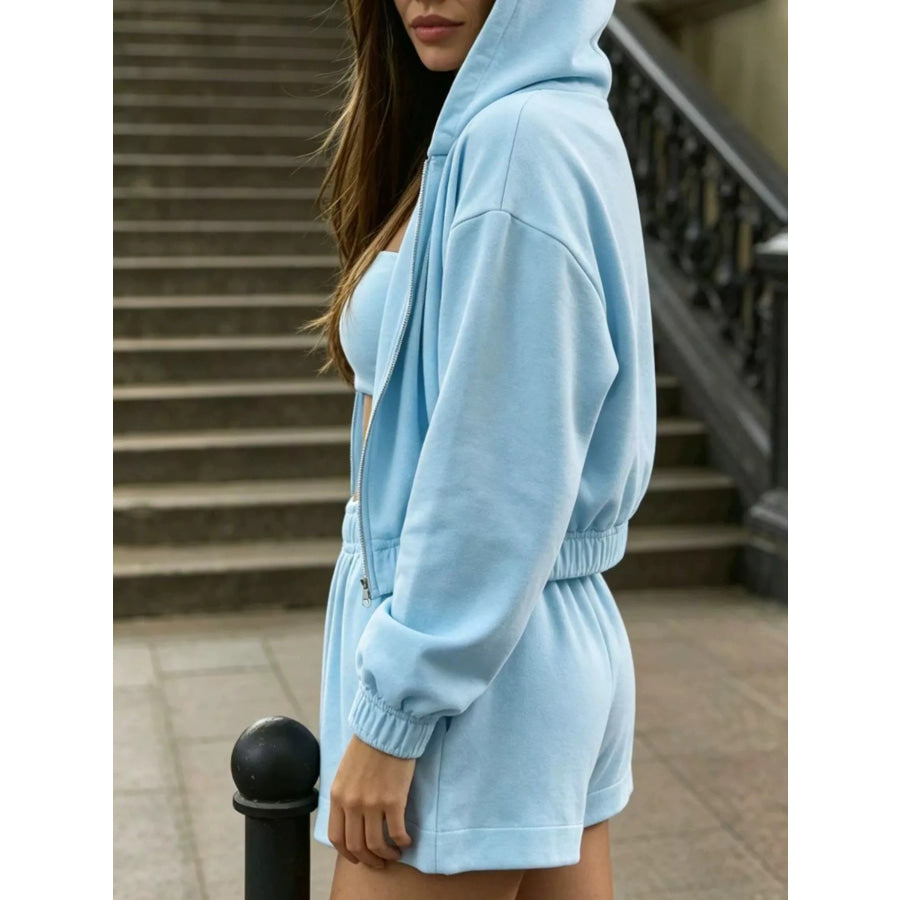 Zip-Up Cropped Hoodie and Shorts Set Sky Blue / S Apparel Accessories