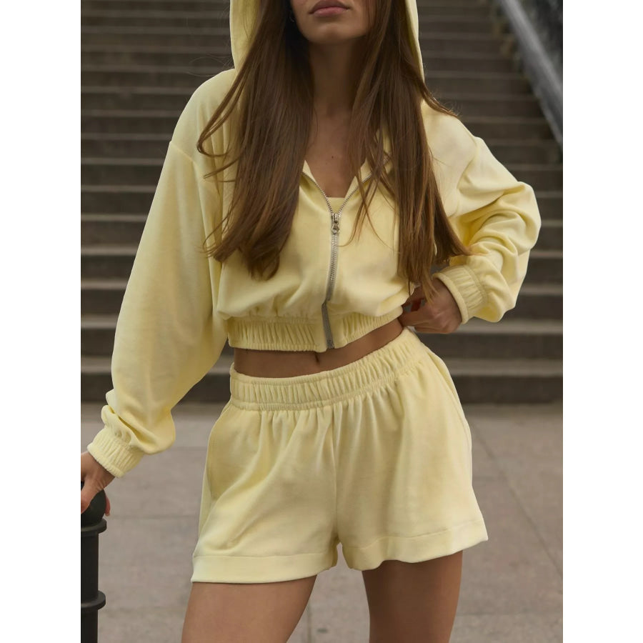 Zip Up Cropped Hoodie and Shorts Set Yellow / S Apparel and Accessories