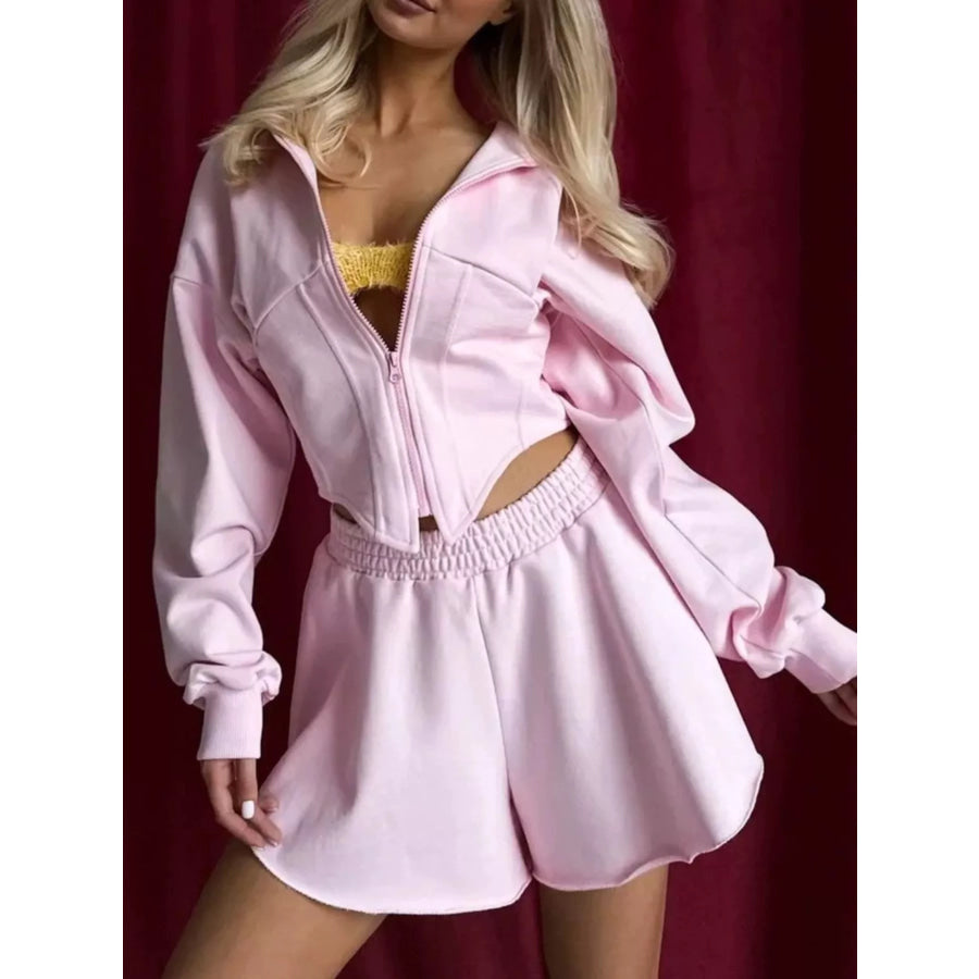 Zip-Up Cropped Hoodie Pink / S Apparel and Accessories