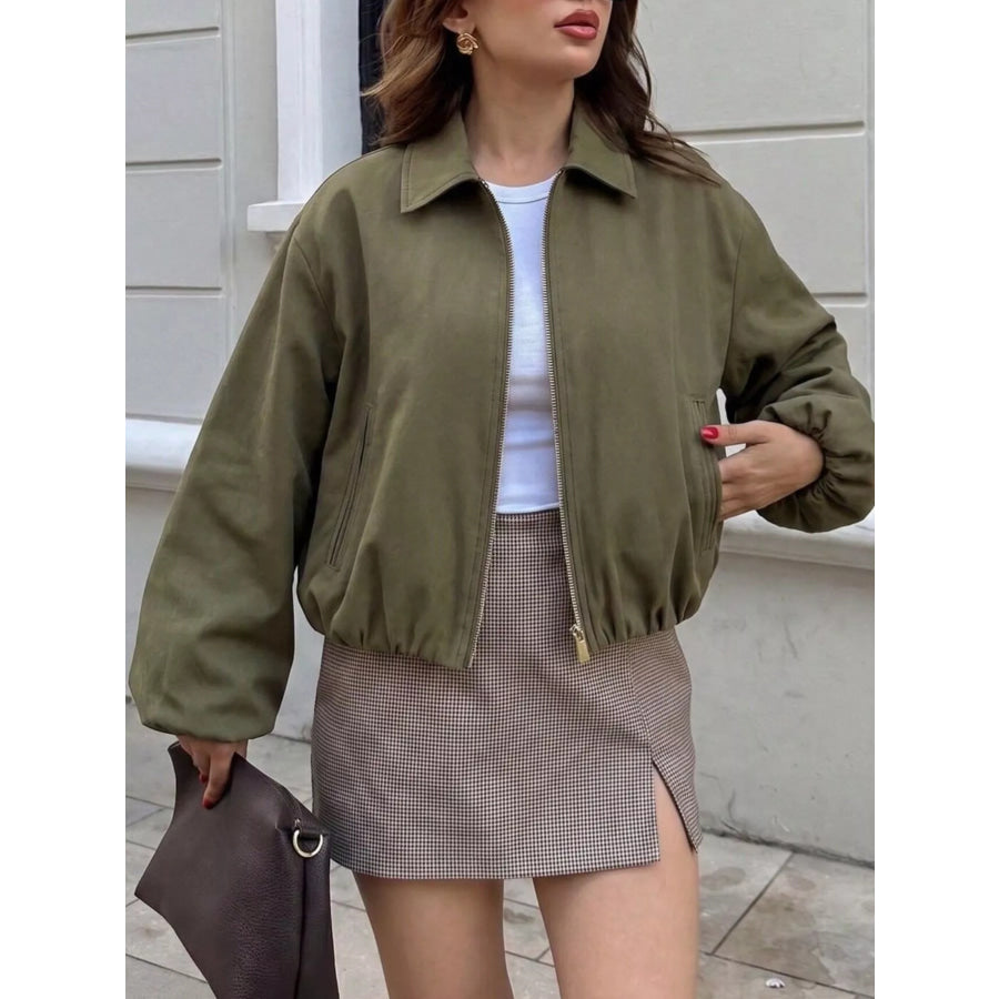 Zip Up Cropped Jacket Army Green / S Apparel and Accessories