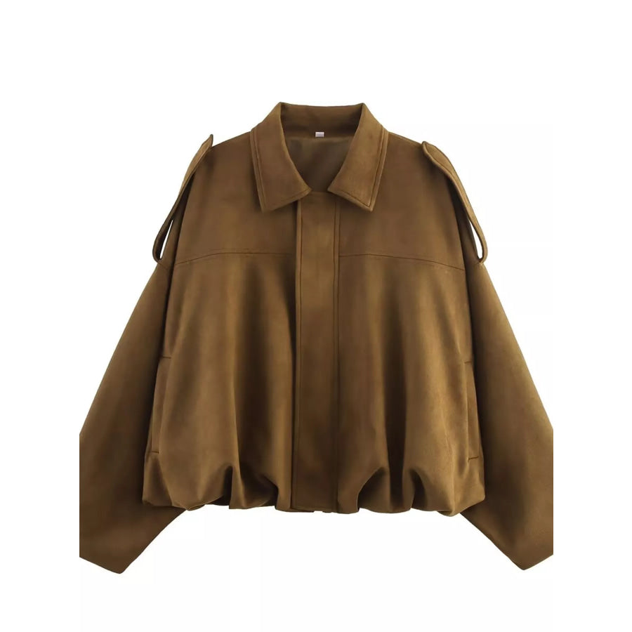 Zip Up Cropped Jacket Brown-With Pockets / XS Apparel and Accessories