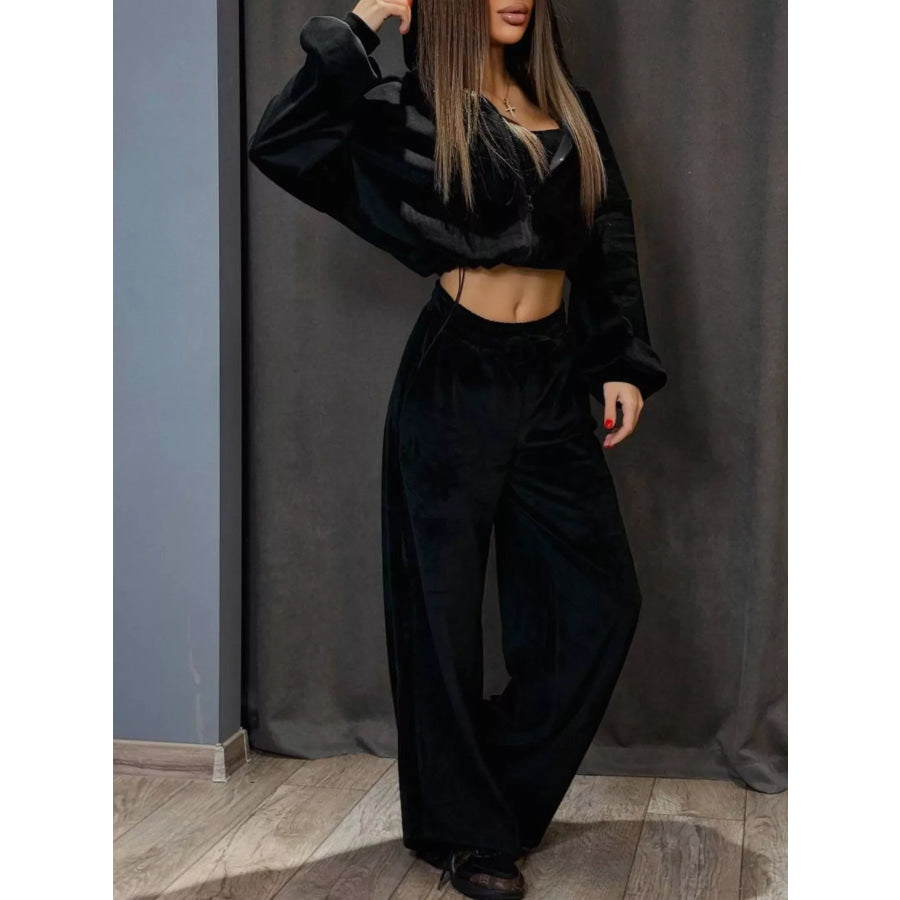 Zip Up Cropped Outerwear and Pants Set Apparel and Accessories