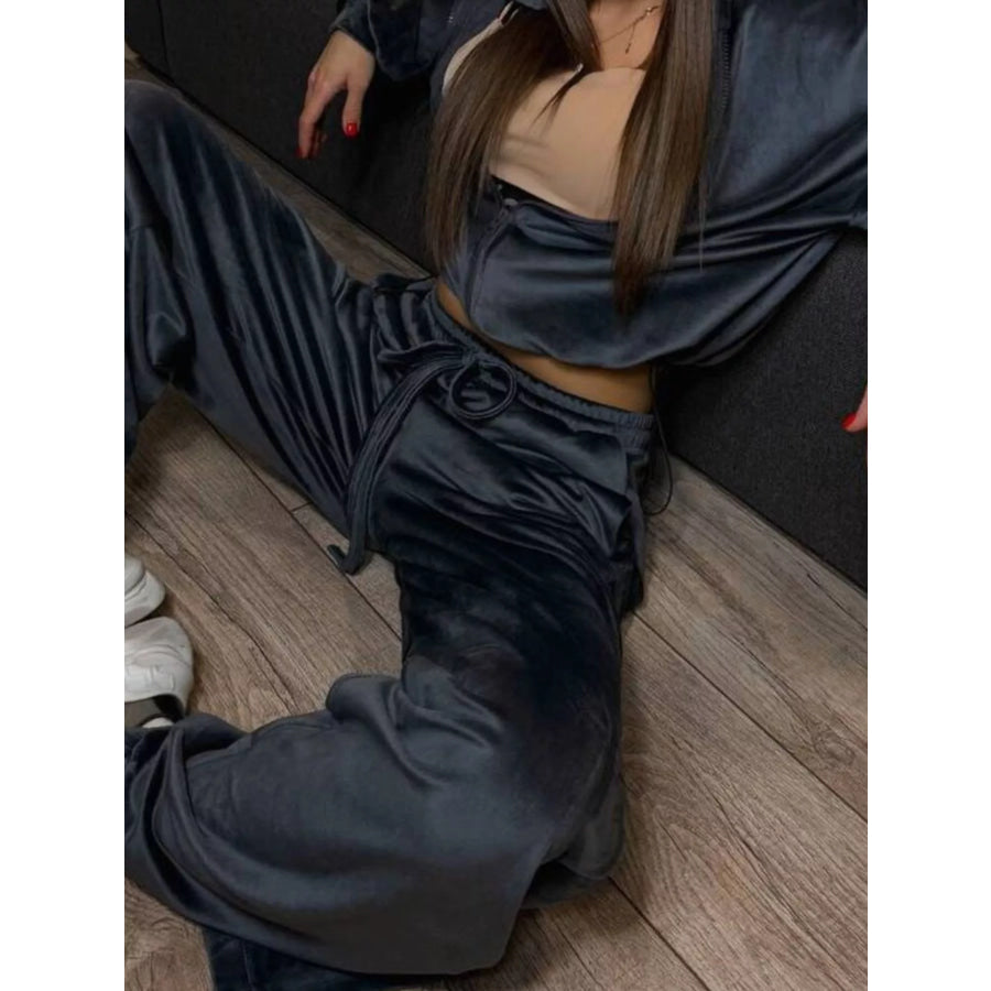 Zip Up Cropped Outerwear and Pants Set Apparel and Accessories