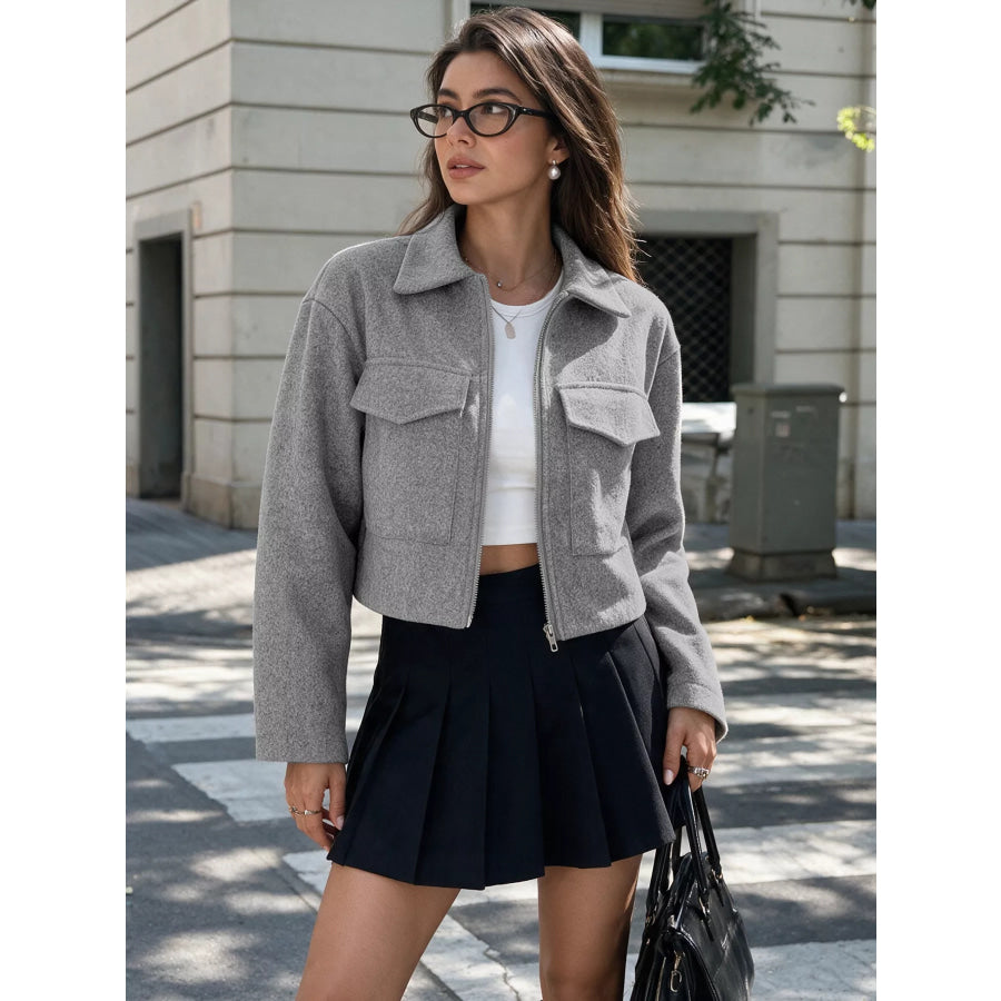 Zip Up Cropped Shacket with Flap Pockets Apparel and Accessories