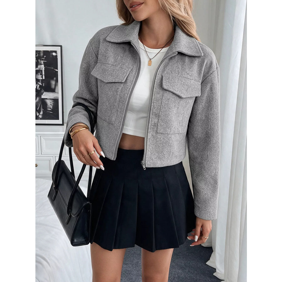 Zip Up Cropped Shacket with Flap Pockets Apparel and Accessories