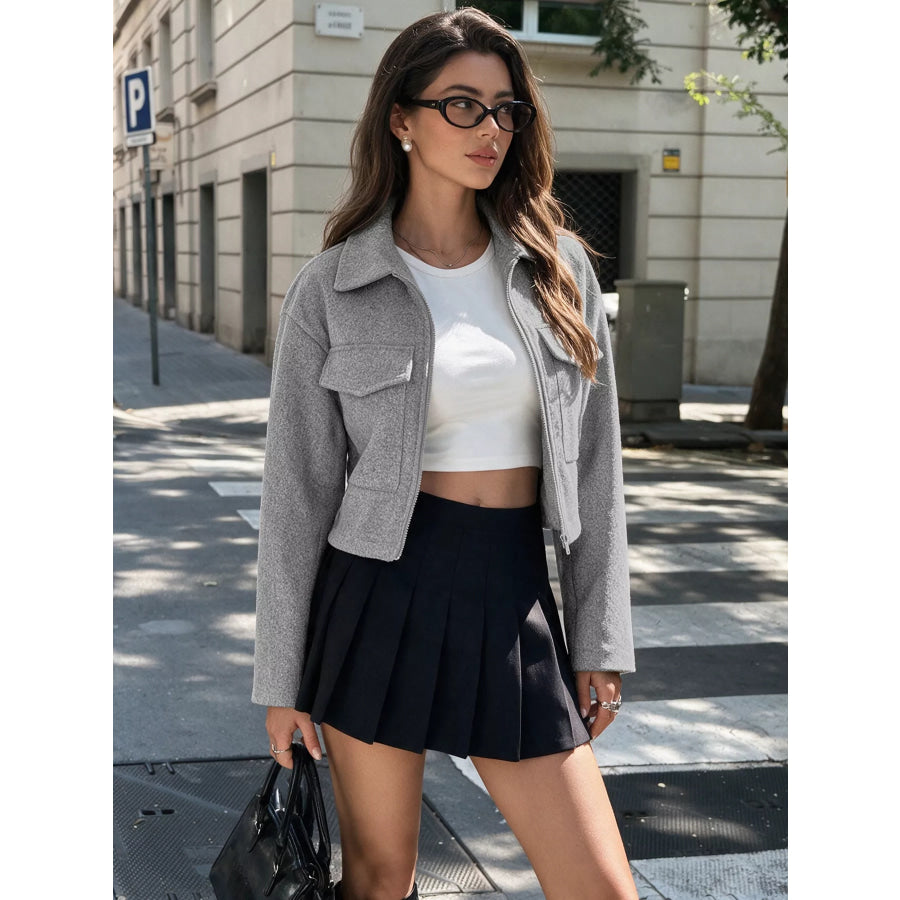 Zip Up Cropped Shacket with Flap Pockets Apparel and Accessories