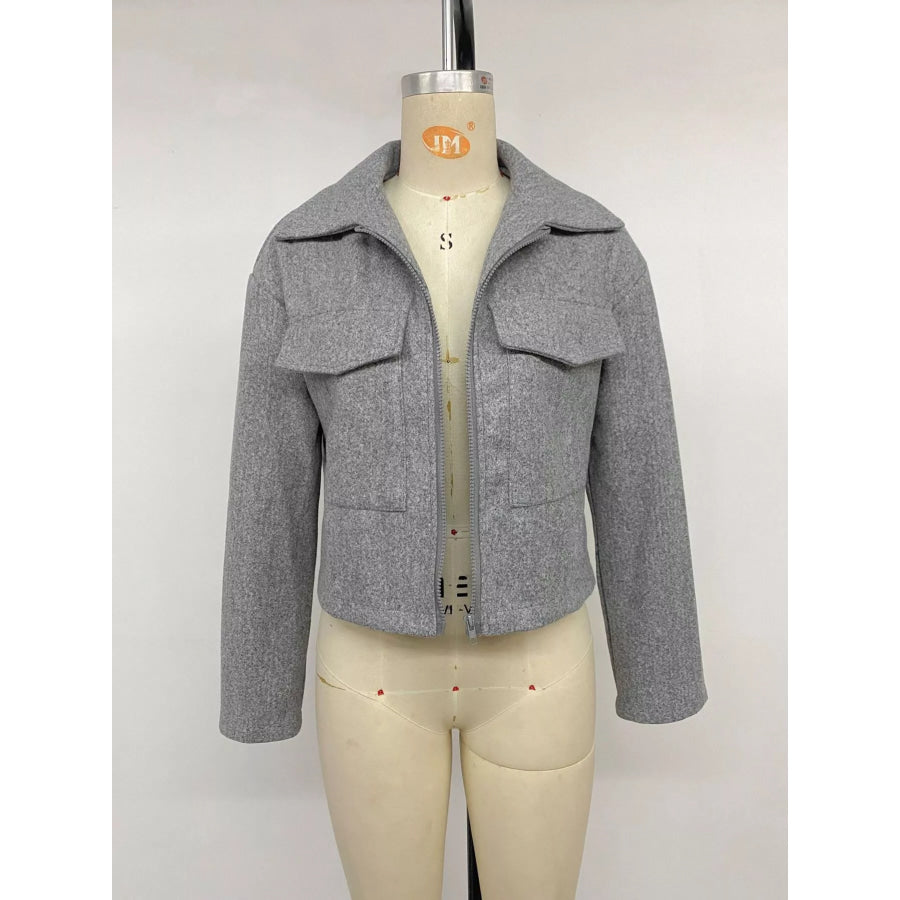 Zip Up Cropped Shacket with Flap Pockets Apparel and Accessories