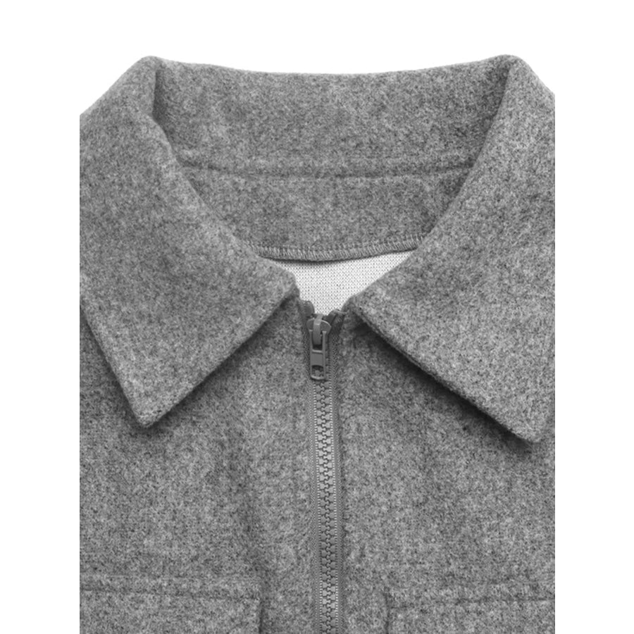 Zip Up Cropped Shacket with Flap Pockets Apparel and Accessories