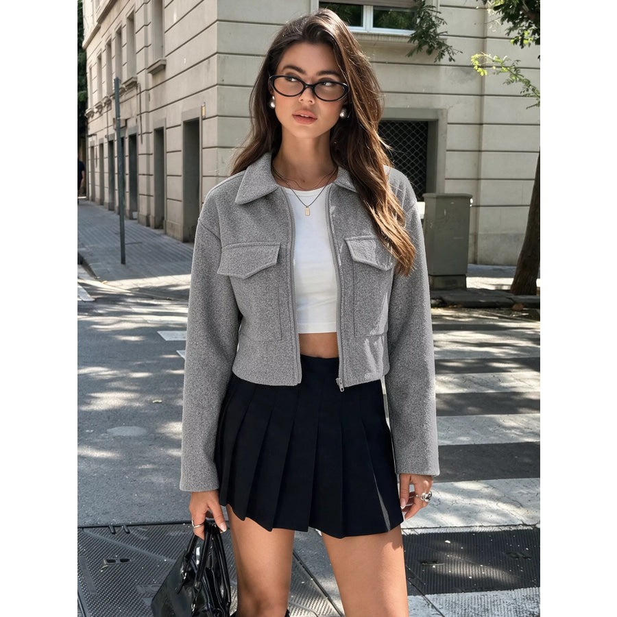 Zip Up Cropped Shacket with Flap Pockets Apparel and Accessories