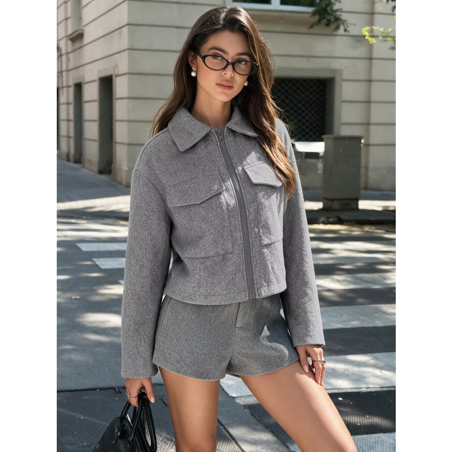 Zip Up Cropped Shacket with Flap Pockets Apparel and Accessories