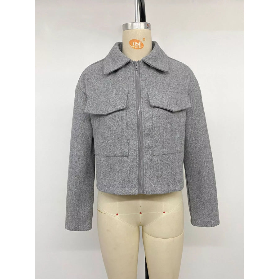 Zip Up Cropped Shacket with Flap Pockets Apparel and Accessories