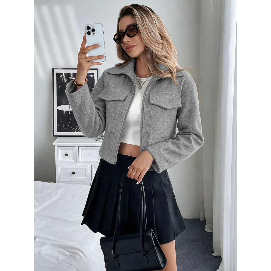 Zip Up Cropped Shacket with Flap Pockets Gray / S Apparel and Accessories