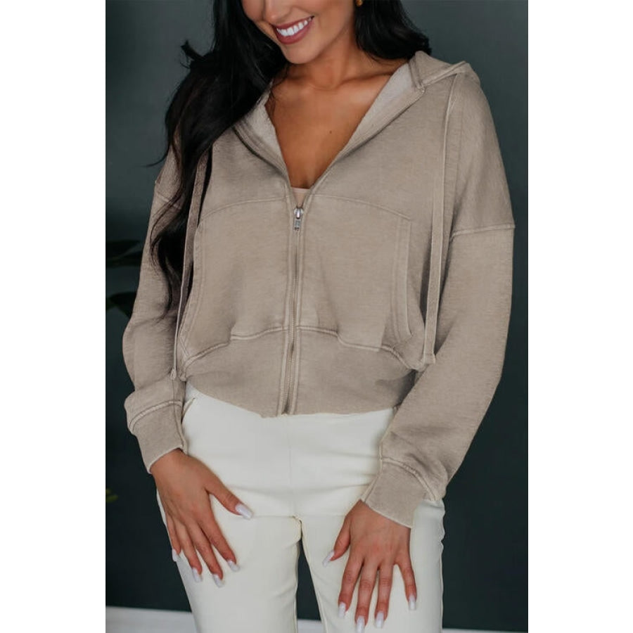 Zip Up Drawstring Cropped Hoodie Beige / S Clothing