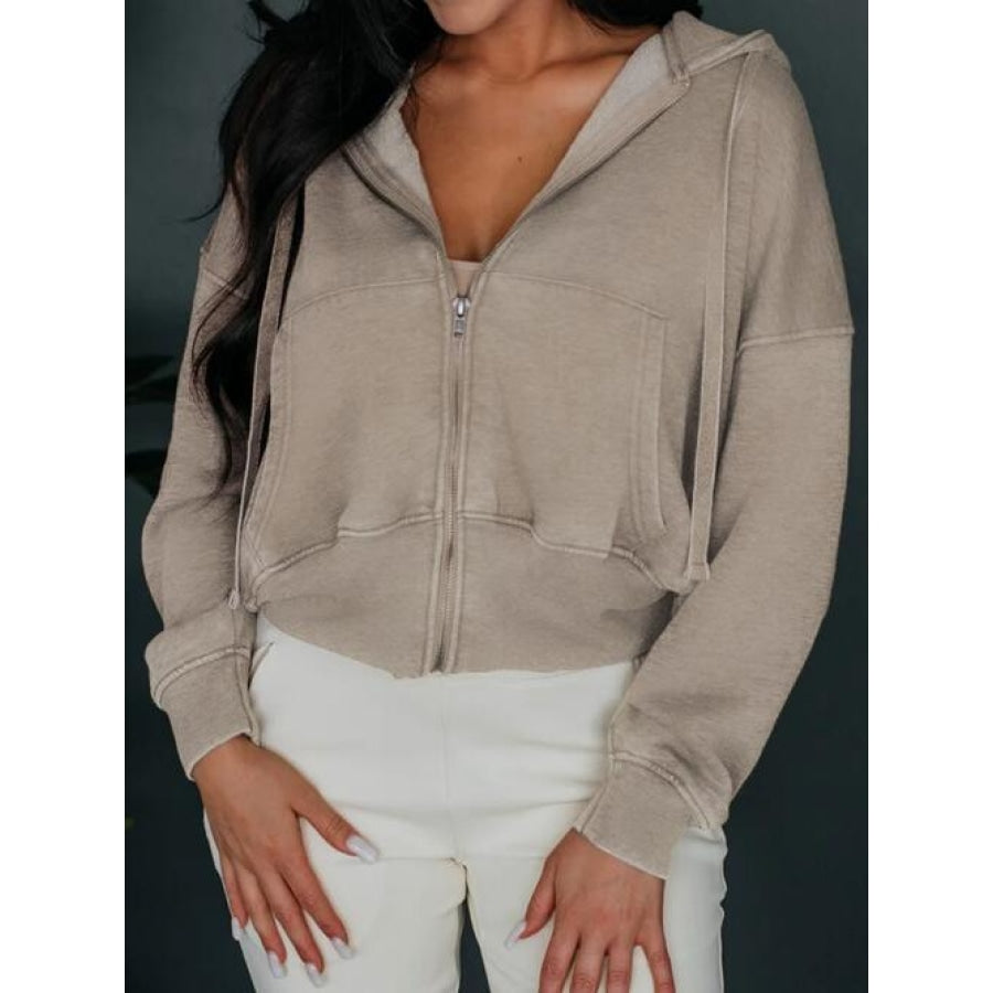 Zip Up Drawstring Cropped Hoodie Clothing