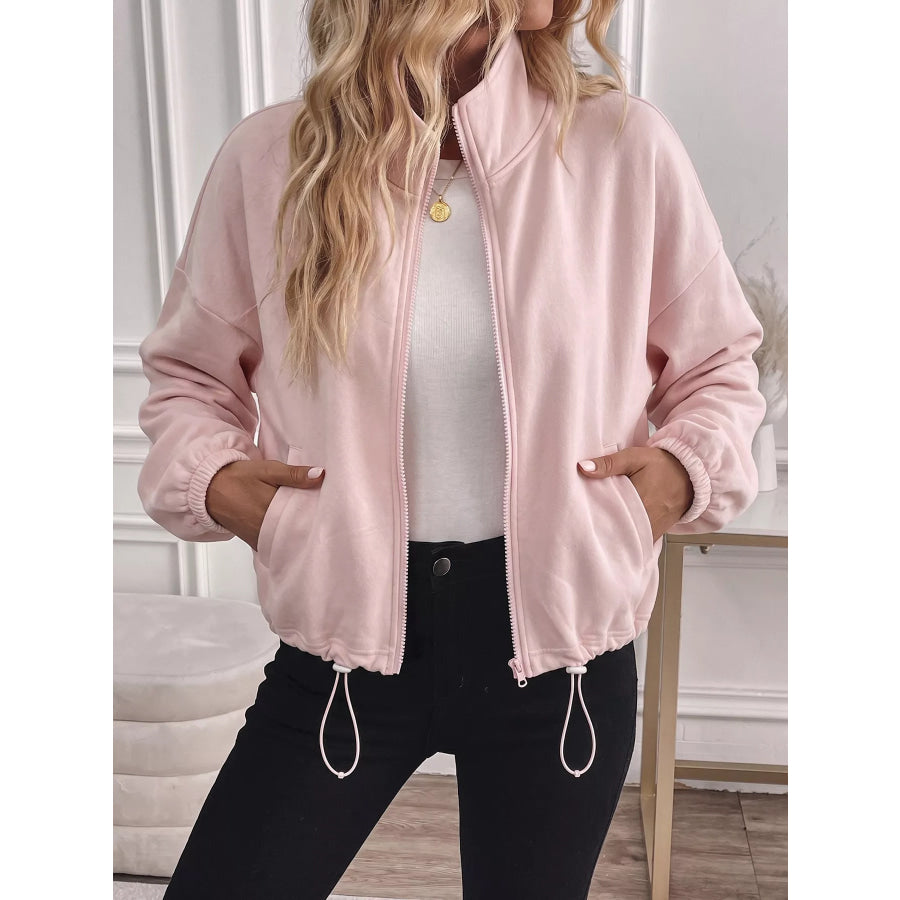 Zip-Up Drawstring Hem Sweatshirt Pink / S Apparel and Accessories