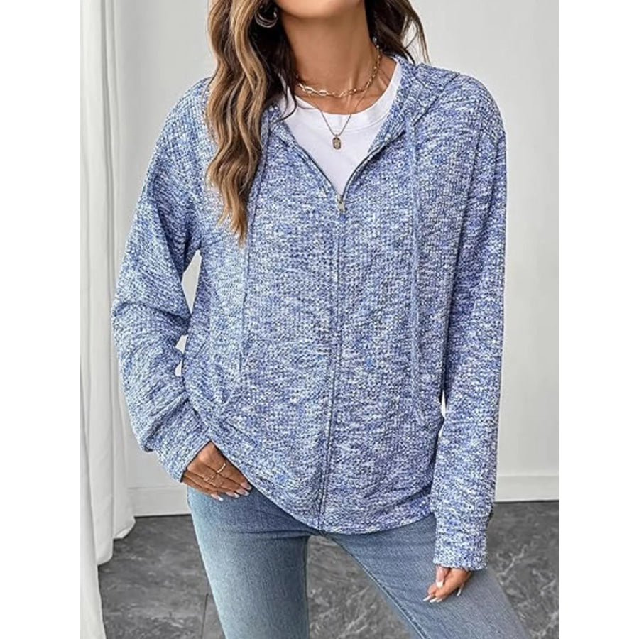 Zip-Up Drawstring Hooded Cardigan Light Blue / S Apparel and Accessories