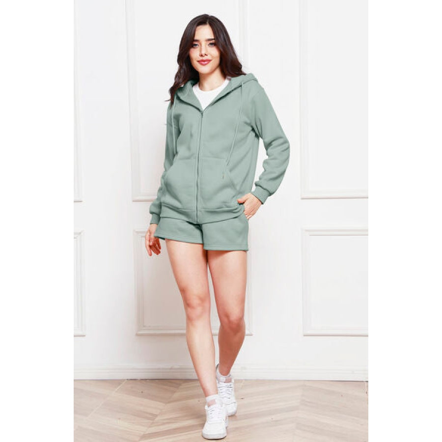 Zip Up Drawstring Hoodie and Shorts Set Air Force Blue / S Clothing