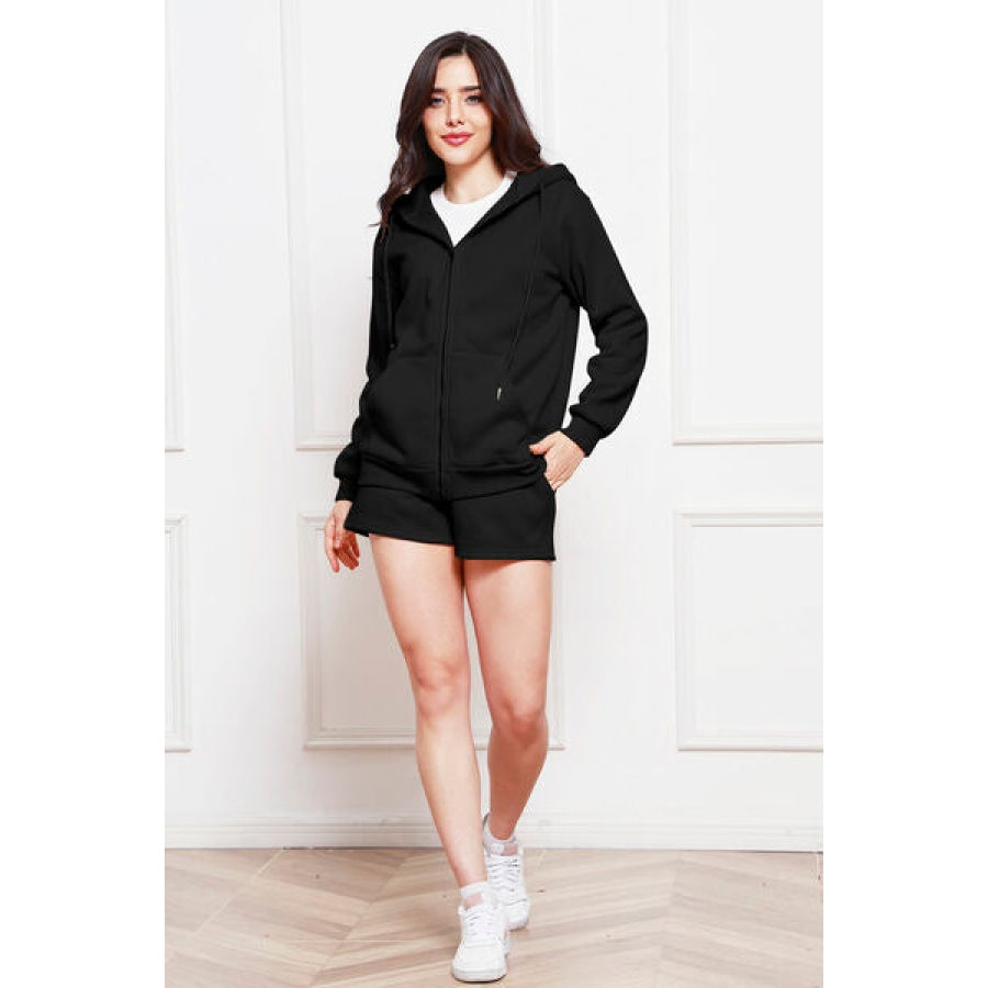 Zip Up Drawstring Hoodie and Shorts Set Black / S Clothing